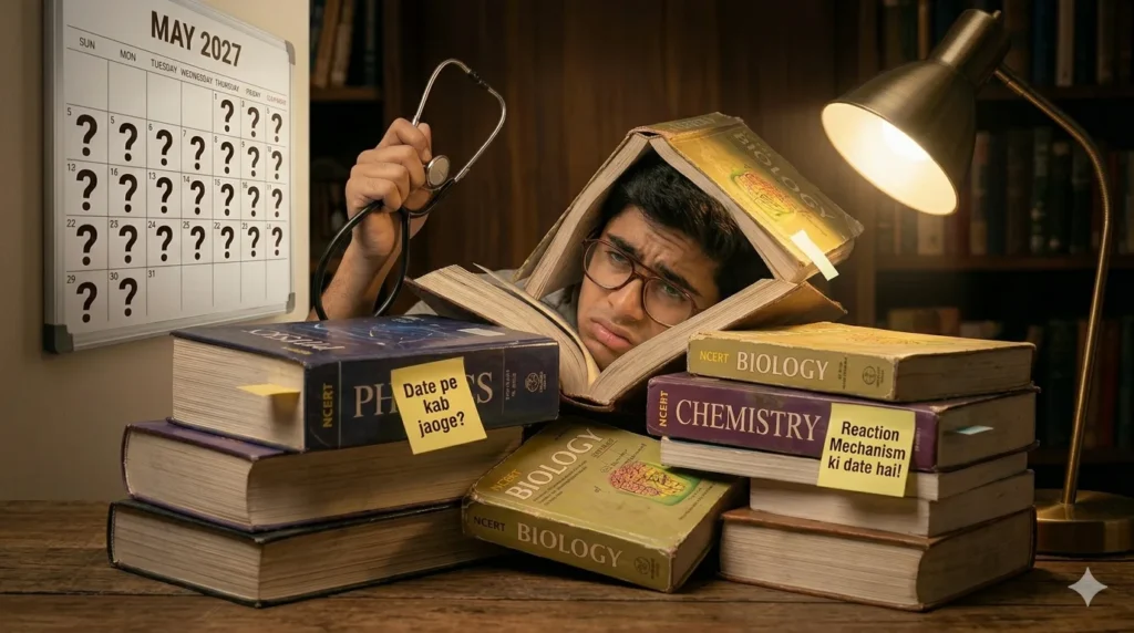 A humorous photograph of a male Indian student comically overwhelmed, buried under a massive mountain of heavy NCERT textbooks in a cluttered study room. Sticky notes highlight the struggle between studying and social life.
