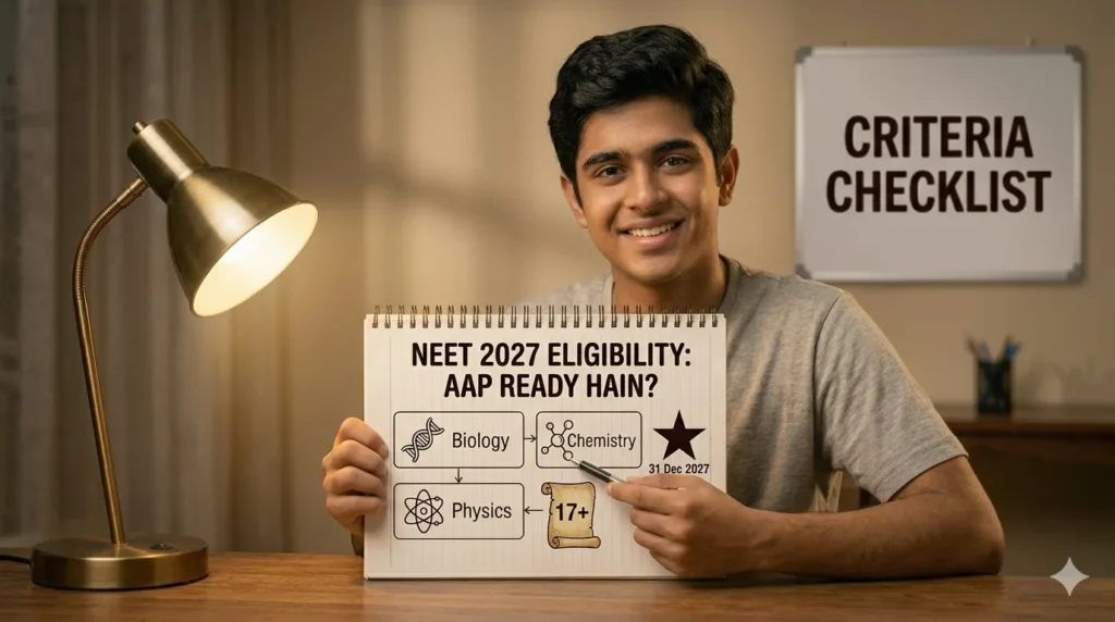 A smiling Indian male student in a warm study room points to a checklist labeled 'NEET 2027 Eligibility' with icons for Biology, Chemistry, Physics, and age criteria.