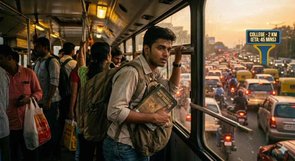 A humorous depiction of a student stuck in Bangalore traffic while trying to reach college.