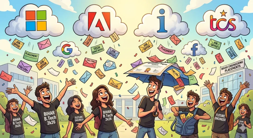 A humorous digital illustration showing Bihar engineering students playfully fighting over and catching rain-like job offer letters from major tech companies, signifying strong placements.