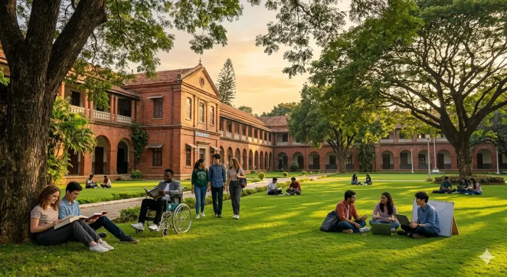 Students study on the shaded green lawns of a traditional, historic engineering college campus in Karnataka, reflecting the academic heritage.