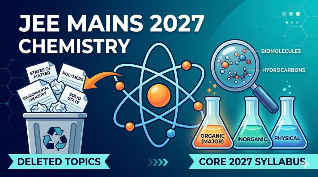 Infographic illustrating the JEE Mains 2027 Chemistry syllabus changes, showing deleted topics like 'States of Matter' and 'Polymers' in a bin, and the core focus on 'Organic (Major)' Chemistry beakers.