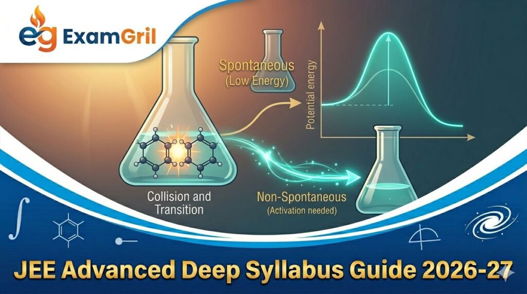 Scientific illustration visualizing spontaneous and non-spontaneous chemical reaction pathways and collision energy for JEE Advanced Chemistry section on ExamGril blog.