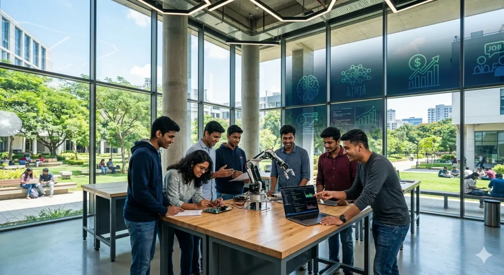 Engineering students collaborating on a robotics project within a modern Bangalore college campus environment.