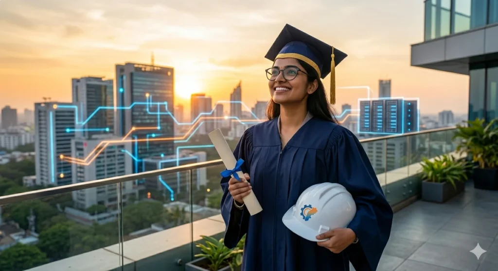 A smiling recent engineering graduate looking towards a modern cityscape, symbolizing career success.