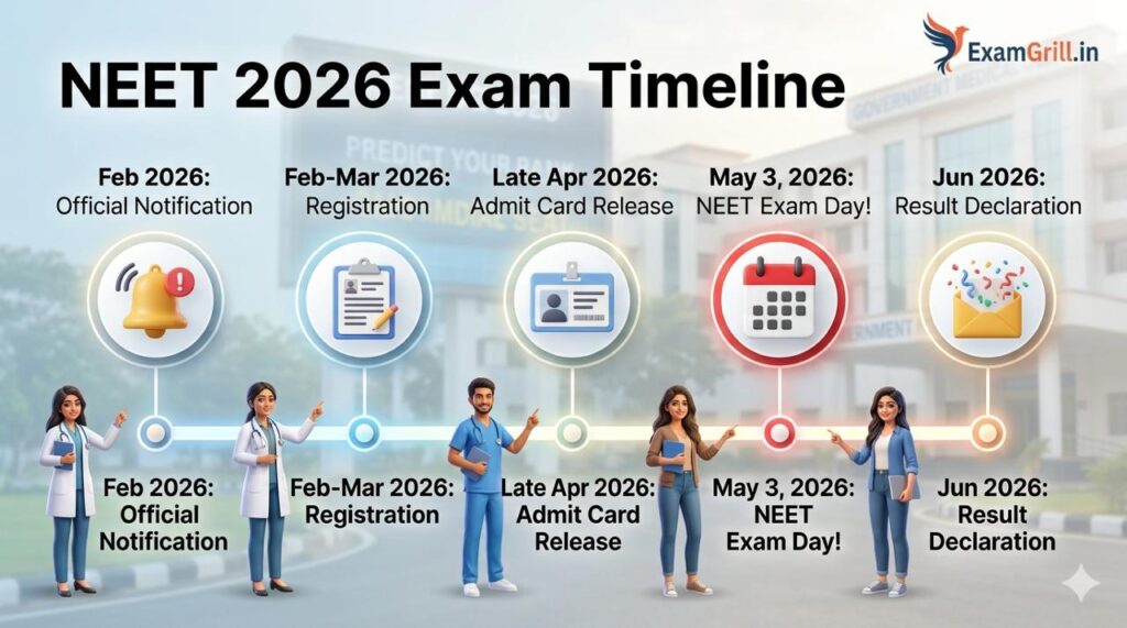 A professional digital timeline graphic showing the key milestones for NEET 2026. Icons mark the notification (Feb), registration (Feb-Mar), admit card (Apr), exam day (May 3), and results (Jun). Stylized smaller figures of the medical students from Image 0 appear pointing to the milestones.