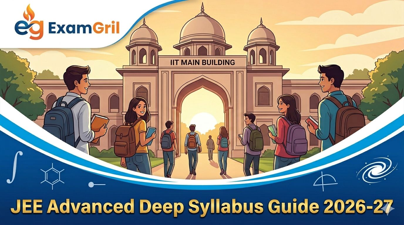 JEE Advanced Deep Syllabus Guide 2026-27 featured header image with IIT campus illustration and ExamGril logo.
