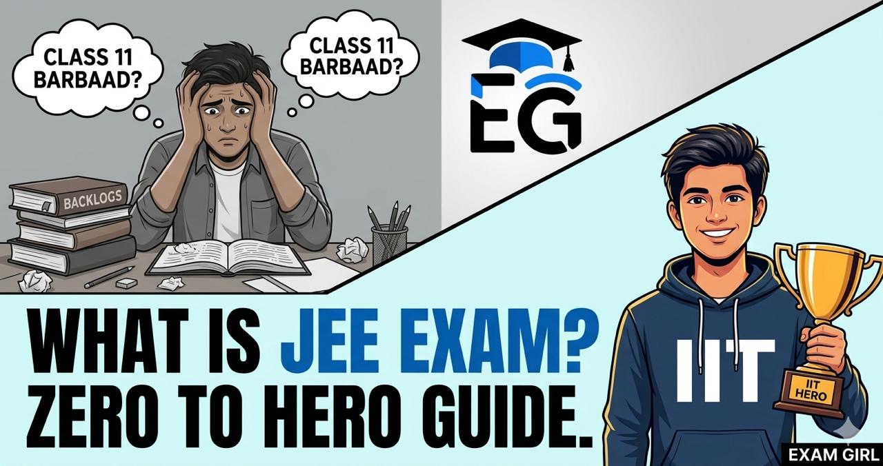 What is JEE Exam? Split-screen infographic showing a student transforming from stressed 'Zero' to smiling IITian 'Hero', with large 'EG' logo branding.
