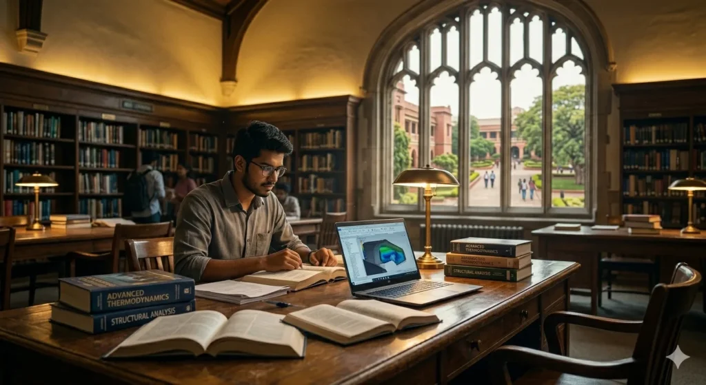 A student studying intensely with stacked textbooks in a traditional Government Engineering College (GEC) campus library.