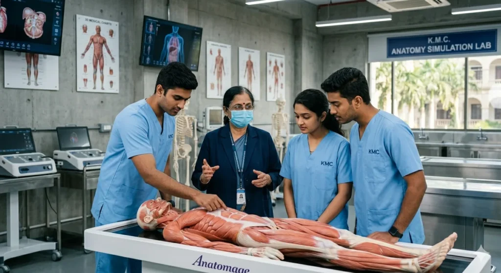 Medical students receiving hands-on training in a modern anatomy lab in a Karnataka private medical college.