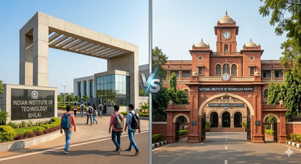 Campus comparison view of IIT Bhilai and NIT Raipur entrance gates.