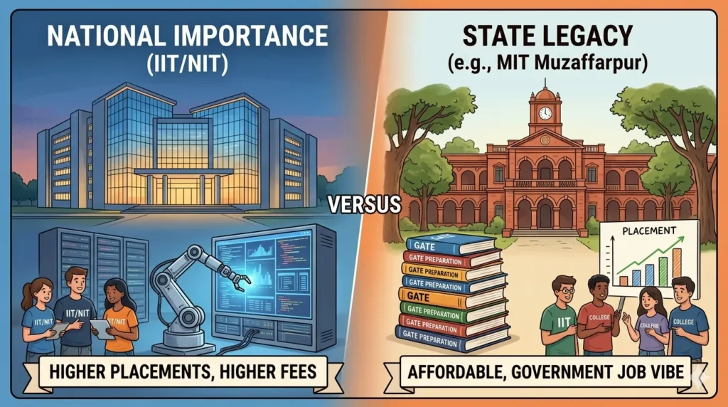 A split-screen illustration comparing the modern infrastructure and research focus of IIT Patna with the classic, established style and legacy of MIT Muzaffarpur, an engineering college in Bihar.