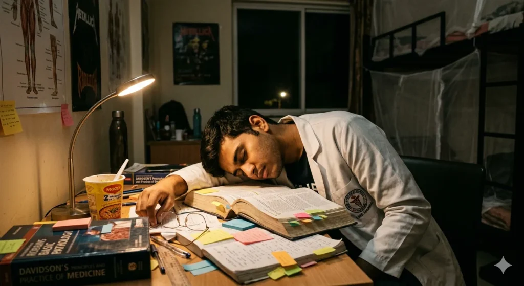 A tired medical student asleep on textbooks after a long night of studying, illustrating medical college life.