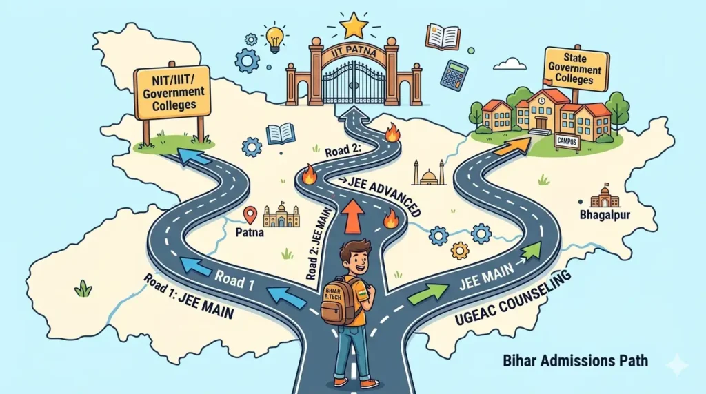 An illustrative path or roadmap showing the distinct steps required to enter Bihar's engineering colleges through JEE Main, JEE Advanced, and BCECE/UGEAC counseling.