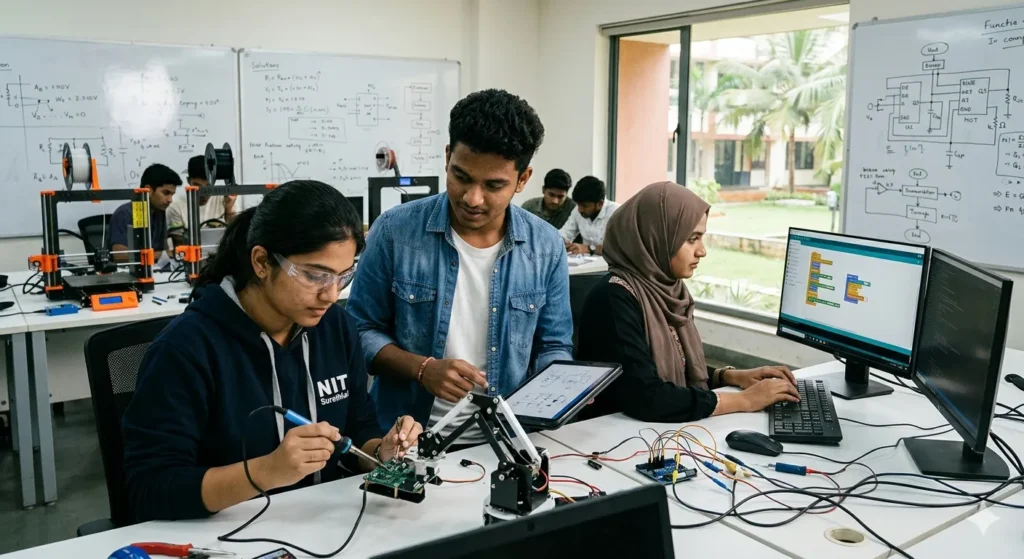 Aspiring engineering students collaborate on a robotic prototype in a high-tech lab, simulating the learning environment at top engineering colleges in Karnataka.