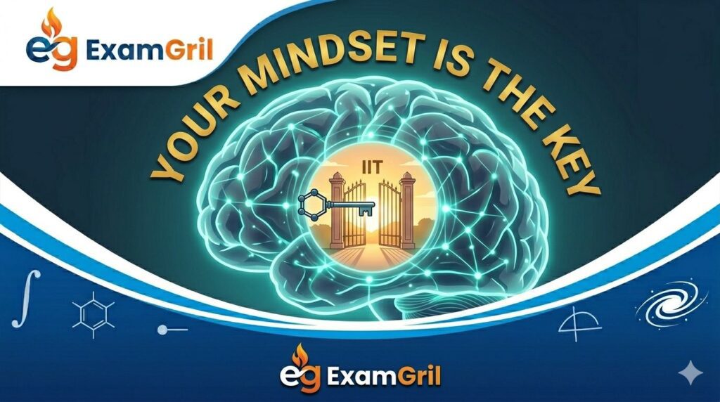 Motivational closing image for ExamGril JEE Advanced guide showing an unlocked IIT gate and a glowing brain conceptualizing victorious mindset, under warm sunrise.