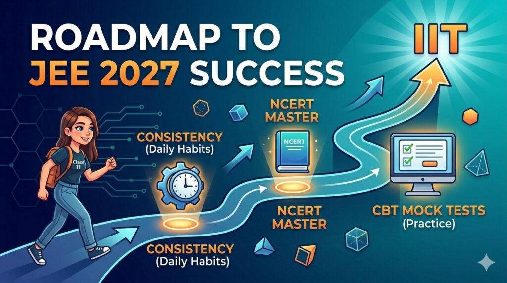 Infographic summarizing the JEE 2027 preparation roadmap, featuring icons for Consistency, NCERT mastery, and CBT mock test practice leading towards the IIT peak against a futuristic light blue background.