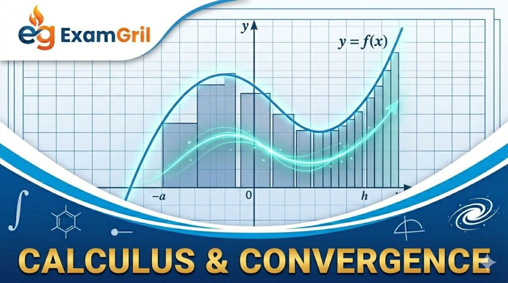 Conceptual illustration visualizing y = f(x) integration Riemann sums and the limit process of convergence for JEE Advanced Calculus section, with teal energy flow on ExamGril blog.