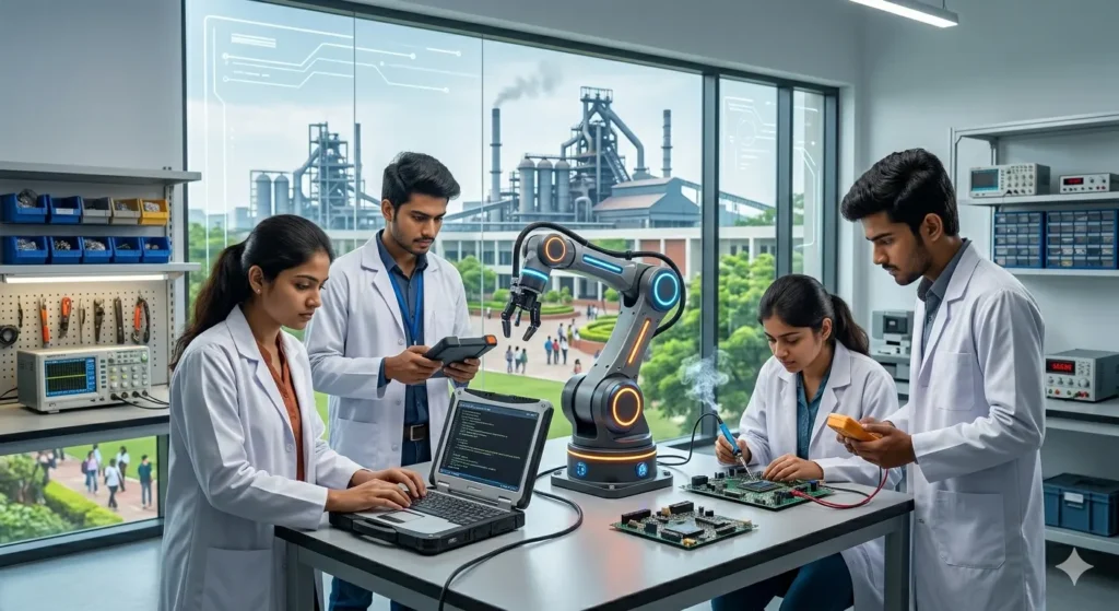 Students working in a modern robotics lab in a top Chhattisgarh engineering college.