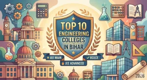 A modern illustration showing the logos and entrance exams (JEE Main, Advanced, BCECE) for the top 10 engineering colleges in Bihar, 2026
