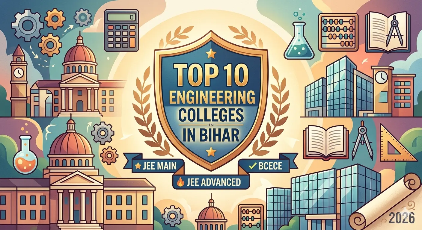 A modern illustration showing the logos and entrance exams (JEE Main, Advanced, BCECE) for the top 10 engineering colleges in Bihar, 2026