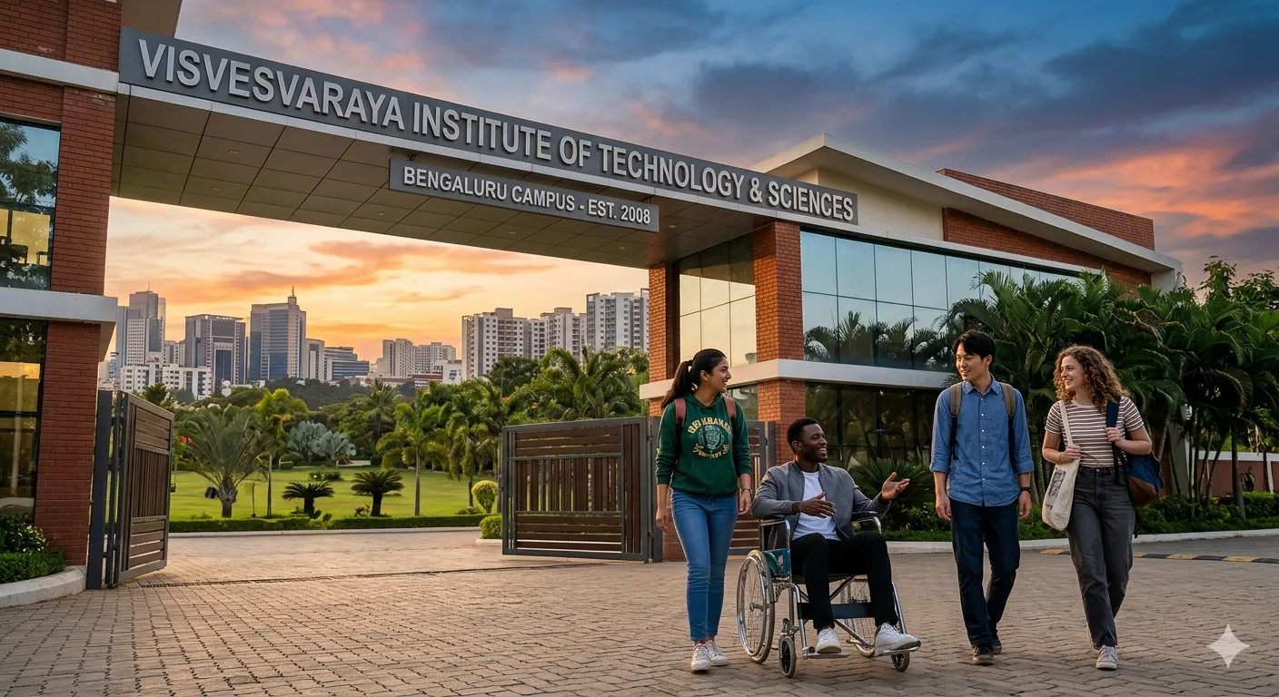Top 10 engineering colleges in Karnataka: A diverse group of excited students, including a man in a wheelchair, walk toward a modern campus entrance in Bengaluru at sunset."