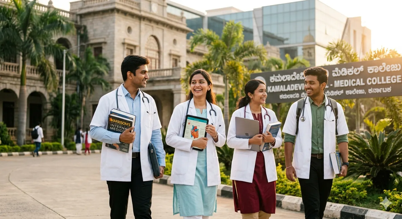 Prospective students smiling at a campus of one of the top 10 private medical colleges in Karnataka for 2026 admission.