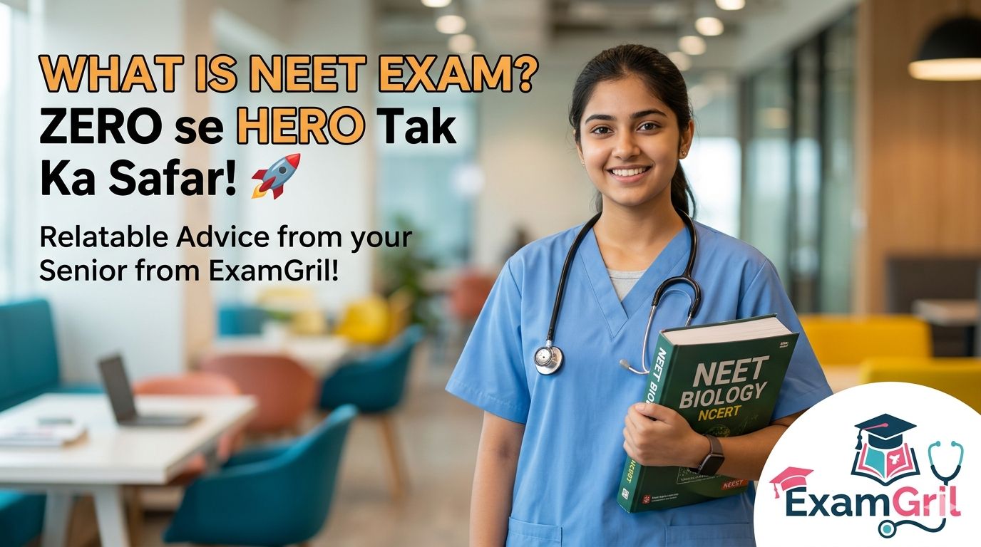A smiling medical student holding a NEET Biology NCERT book, representing the ultimate guide on what is NEET exam by ExamGril for 2026 and 2027 aspirants.