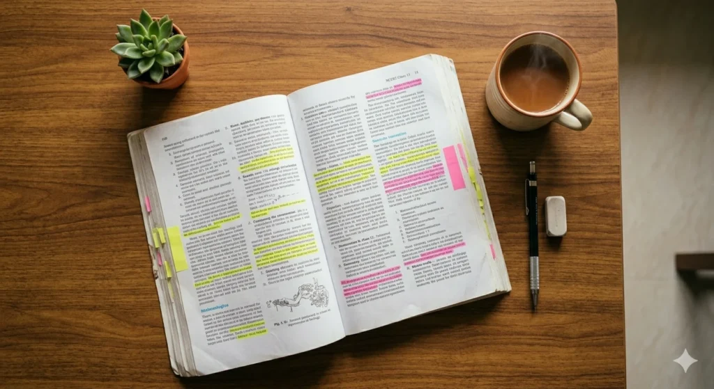 An aesthetic flat-lay of a highlighted NCERT Biology textbook with a cup of tea.