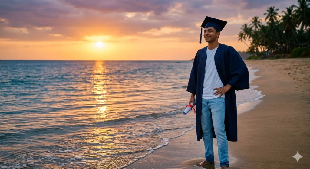 A satisfied Indian engineering graduate standing proudly on a Goan beach at sunset, wearing a graduation gown over casual clothes and holding a degree, looking toward the horizon.
