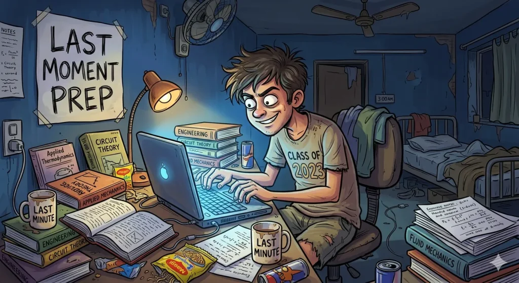 A funny depiction of an engineering student trying to balance multiple assignments and coffee at night.