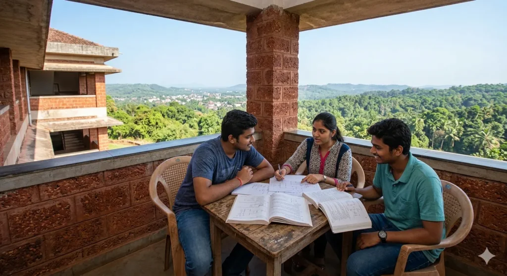 Group of three Indian engineering students studying together informally on a balcony overlooking the lush green tropical hills of Ponda, Goa, at the GEC campus.