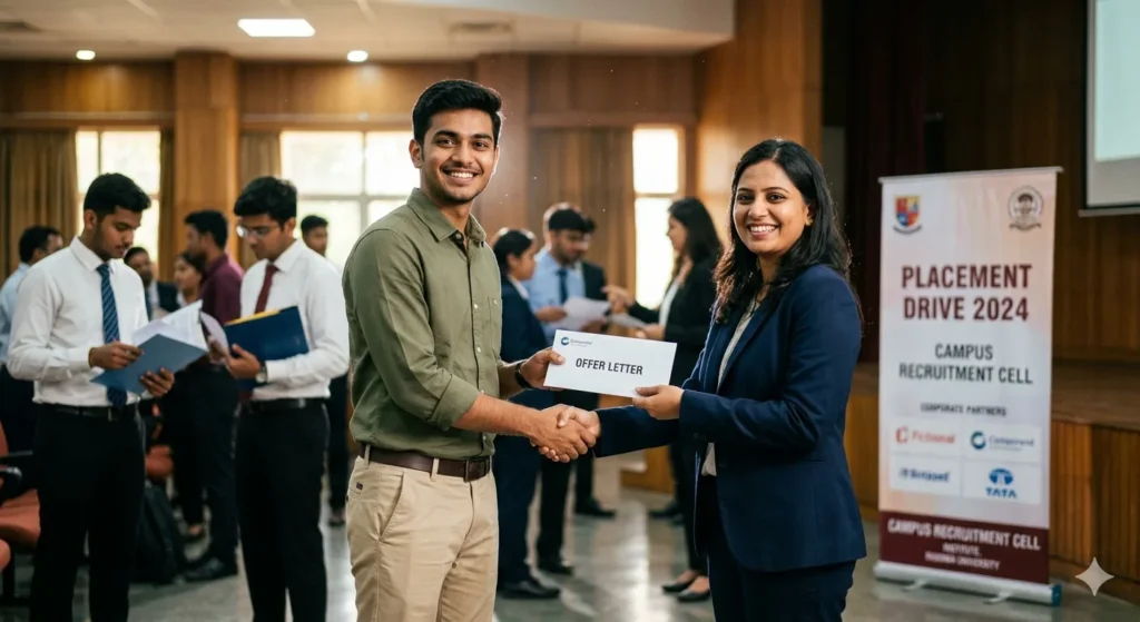 A happy engineering student shaking hands with a corporate recruiter during a placement drive in Gujarat.
