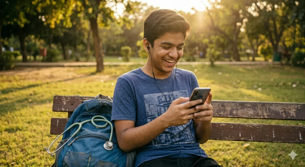 A happy student taking a relaxing break outdoors with music after a NEET study session.