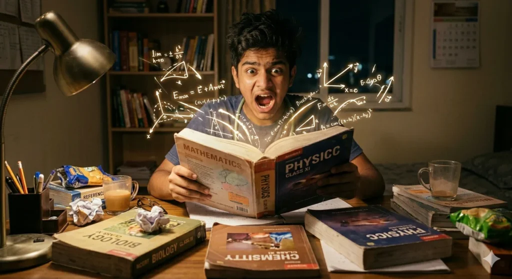 Humorous illustration of a confused student overwhelmed by Class 11 Physics formulas. How to Start NEET Preparation in Class 11