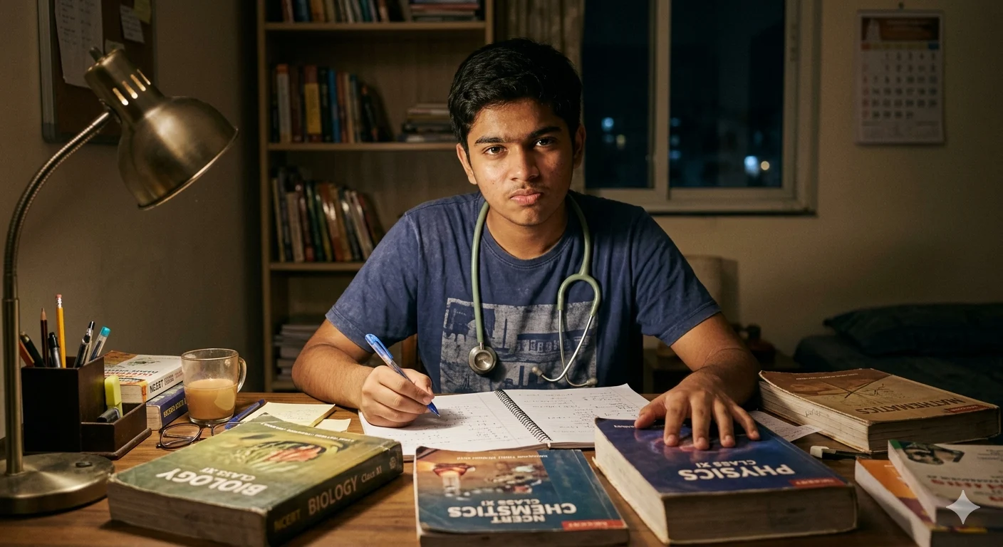 A Class 11 student wearing a stethoscope while studying NCERT books to start NEET Prep.