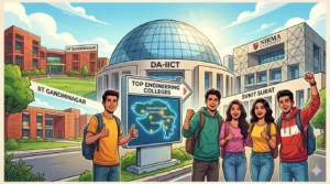 A stylized collage showcasing the Top 10 Engineering Colleges in Gujarat with students celebrating.