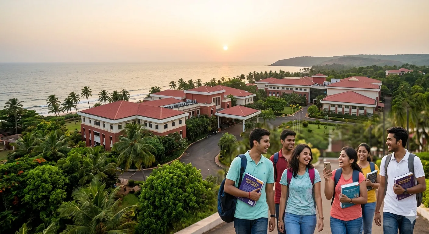 Wide landscape view of the BITS Pilani Goa Campus at sunset, representing the academic excellence and scenic beauty of the top 5 engineering colleges in Goa.