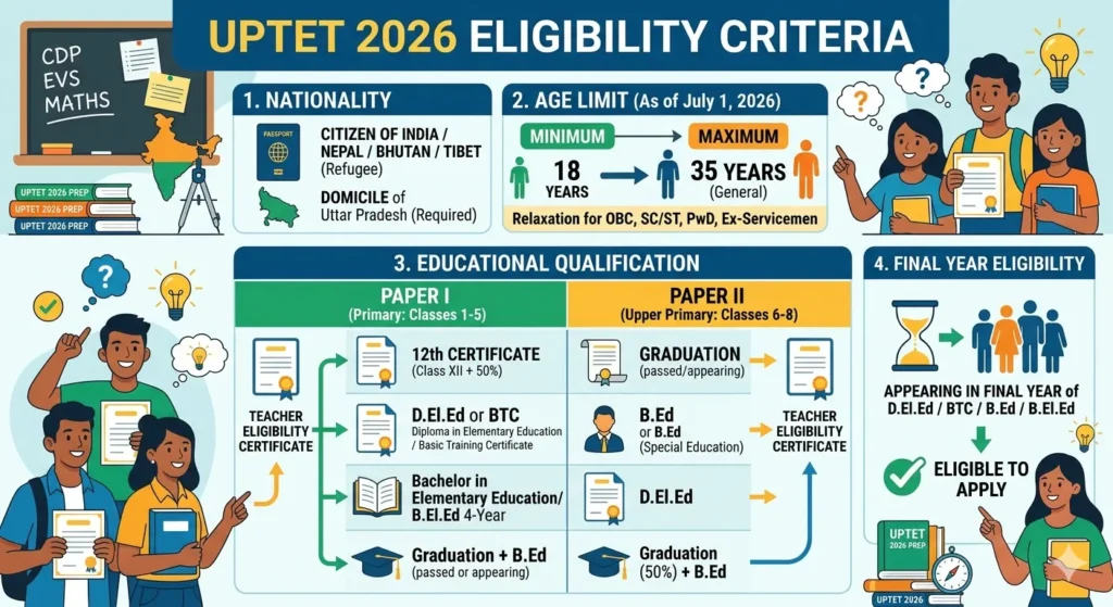 Create an educational infographic showing UPTET 2026 eligibility criteria. Include graduation, D.El.Ed, B.Ed qualification, age limit, and teaching eligibility icons. Modern flat design with Indian students, certificate icons, books, and clean typography. Professional educational infographic style.